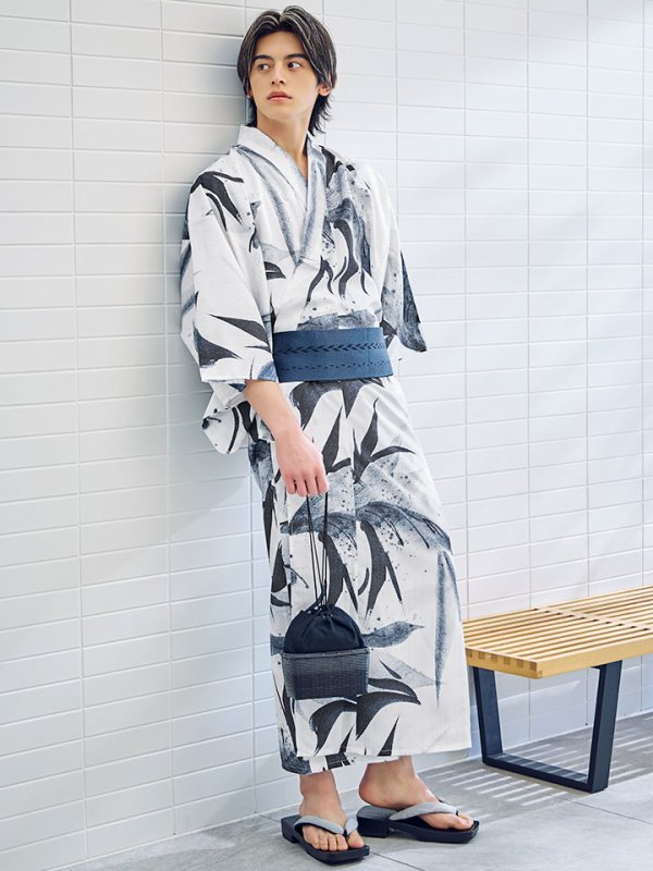 画像3: 【即日発送】水墨デザイン紳士浴衣【浴衣３点セット 浴衣/帯/下駄】[YMT] (3)