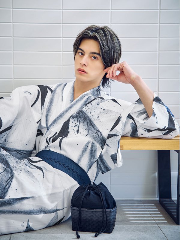 画像5: 【即日発送】水墨デザイン紳士浴衣【浴衣３点セット 浴衣/帯/下駄】[YMT] (5)