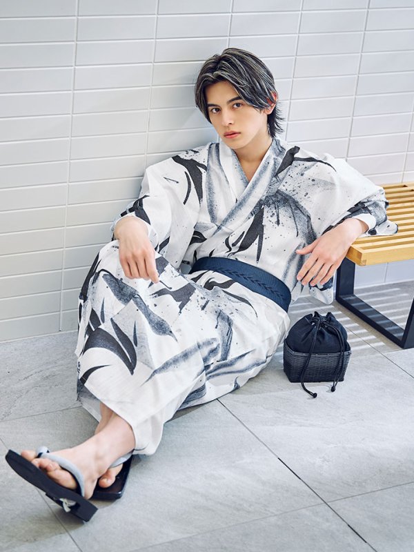 画像6: 【即日発送】水墨デザイン紳士浴衣【浴衣３点セット 浴衣/帯/下駄】[YMT] (6)