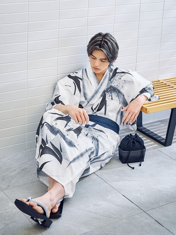 画像7: 【即日発送】水墨デザイン紳士浴衣【浴衣３点セット 浴衣/帯/下駄】[YMT] (7)