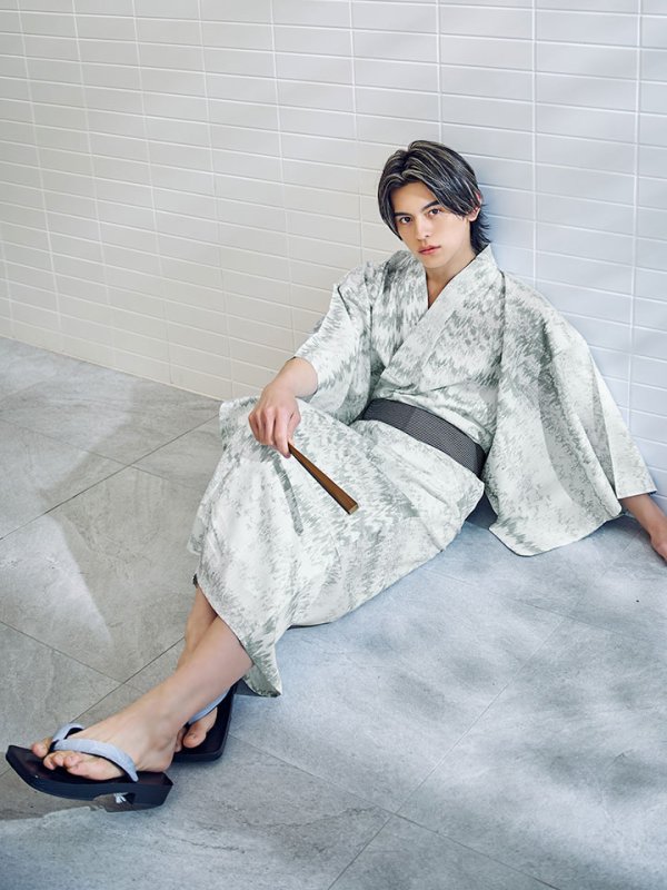 画像2: 【即日発送】グレイッシュニュアンス紳士浴衣 【浴衣３点セット 浴衣/帯/下駄】[YMT] (2)