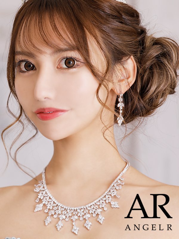 画像1: 【アクセサリー：セット】【ANGEL R/エンジェルアール】ラインフラワーストーンネックレス＆ピアスセット[OF02] (1)