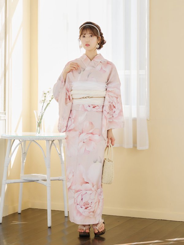 画像4: 【即日発送】くすみピンクスウィート牡丹浴衣【浴衣３点セット 浴衣/帯/下駄】[YMT] (4)