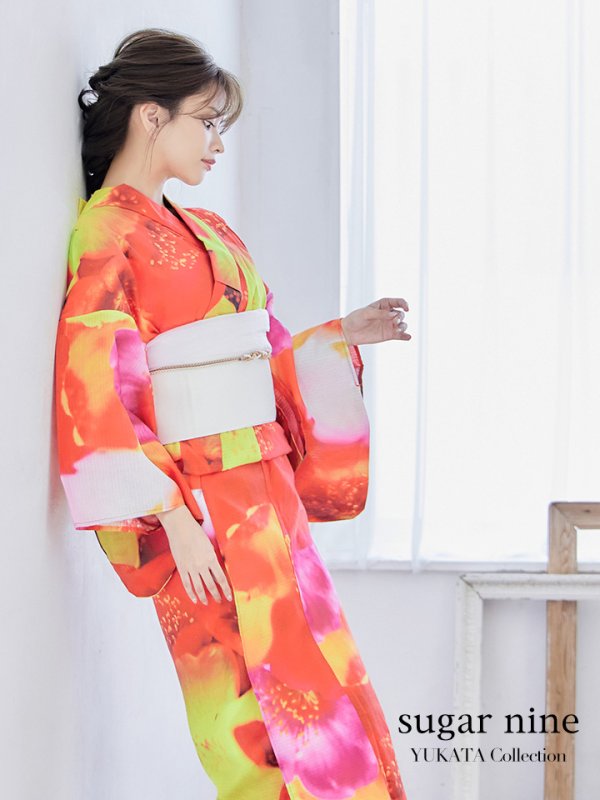 画像2: 【即日発送】【浴衣セール】【オリジナル浴衣】リアルフラワー橙色派手カワ浴衣セット (2)