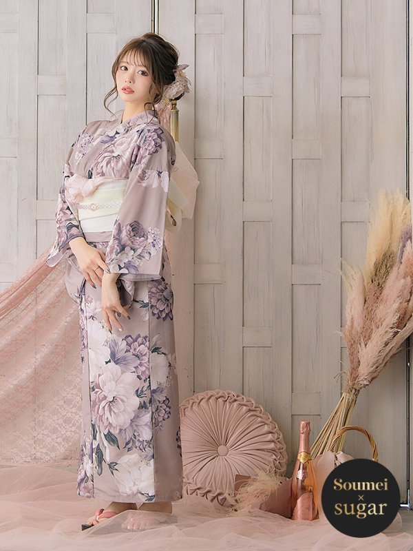 画像2: 【即日発送！】大人スウィートフラワー 牡丹柄 浴衣 【浴衣３点セット 浴衣/帯/下駄】[YMT] (2)