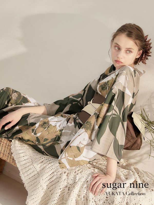 画像2: 【即日発送】【オリジナル浴衣】ヘルシーリーフ柄浴衣 【浴衣３点セット 浴衣/帯/下駄】[YMT] (2)