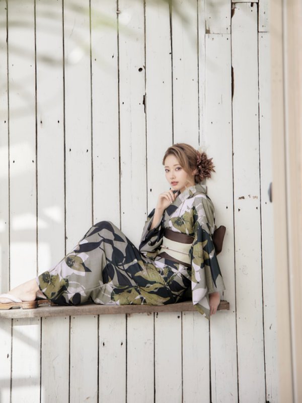 画像10: 【即日発送】【オリジナル浴衣】ヘルシーリーフ柄浴衣【浴衣３点セット 浴衣/帯/下駄】[YMT] (10)