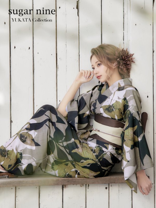 画像3: 【即日発送】【オリジナル浴衣】ヘルシーリーフ柄浴衣【浴衣３点セット 浴衣/帯/下駄】[YMT] (3)