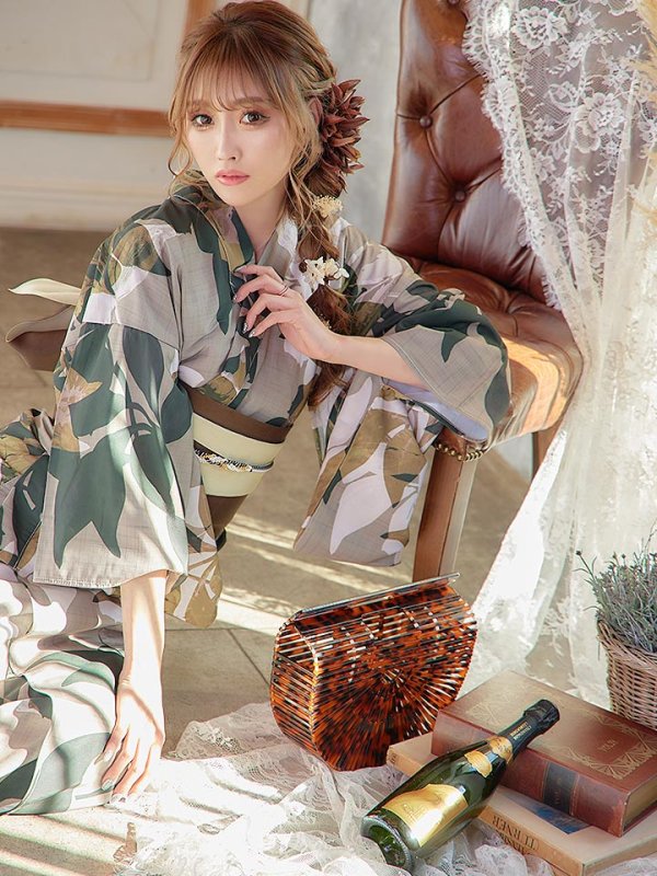 画像11: 【即日発送】【オリジナル浴衣】ヘルシーリーフ柄浴衣 【浴衣３点セット 浴衣/帯/下駄】[YMT] (11)