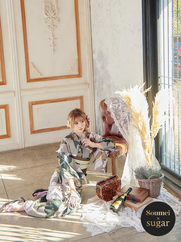 画像2: 【即日発送】【オリジナル浴衣】ヘルシーリーフ柄浴衣 【浴衣３点セット 浴衣/帯/下駄】[YMT] (2)