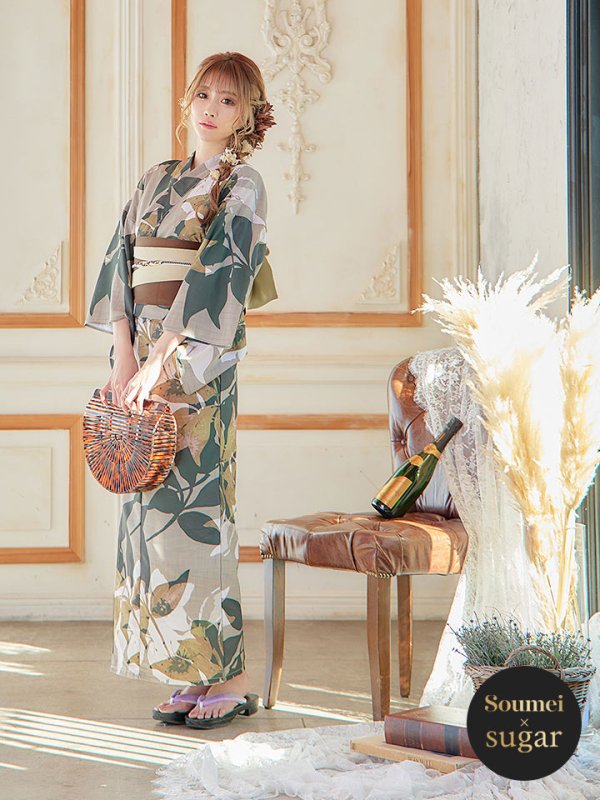 画像3: 【即日発送】【オリジナル浴衣】ヘルシーリーフ柄浴衣 【浴衣３点セット 浴衣/帯/下駄】[YMT] (3)