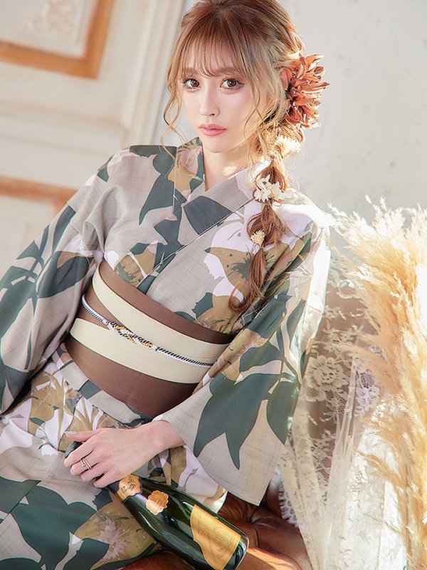 画像5: 【即日発送】【オリジナル浴衣】ヘルシーリーフ柄浴衣 【浴衣３点セット 浴衣/帯/下駄】[YMT] (5)