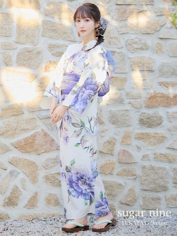 画像2: 【即日発送！】【浴衣】白地に水彩牡丹のクラシック浴衣 【浴衣３点セット 浴衣/帯/下駄】 グラデーション帯[YMT] (2)