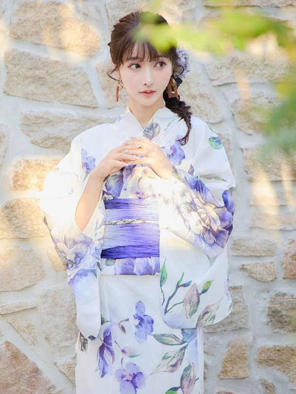 画像12: 【即日発送！】【浴衣】白地に水彩牡丹のクラシック浴衣 【浴衣３点セット 浴衣/帯/下駄】 グラデーション帯[YMT] (12)