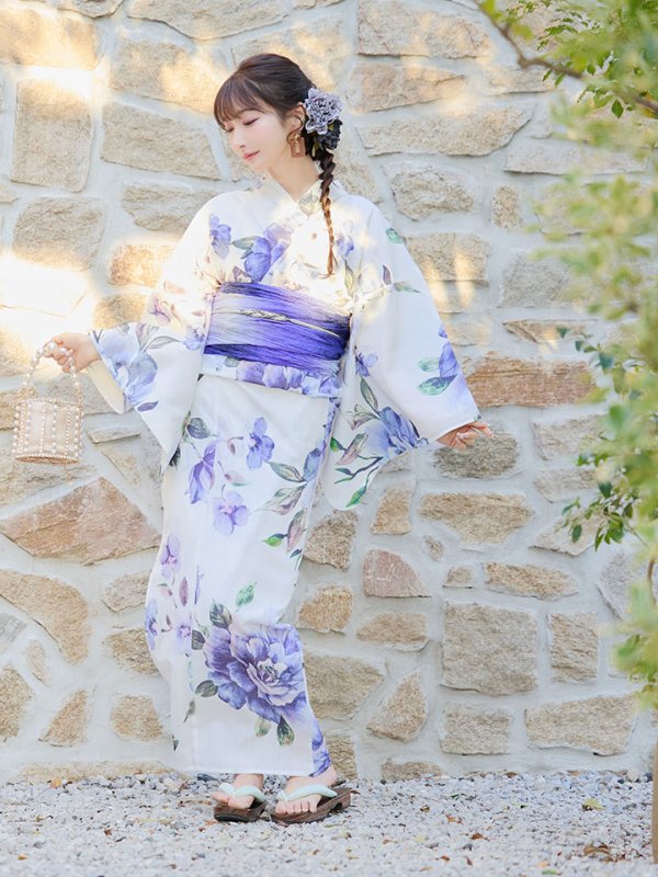 画像13: 【即日発送！】【浴衣】白地に水彩牡丹のクラシック浴衣 【浴衣３点セット 浴衣/帯/下駄】 グラデーション帯[YMT] (13)