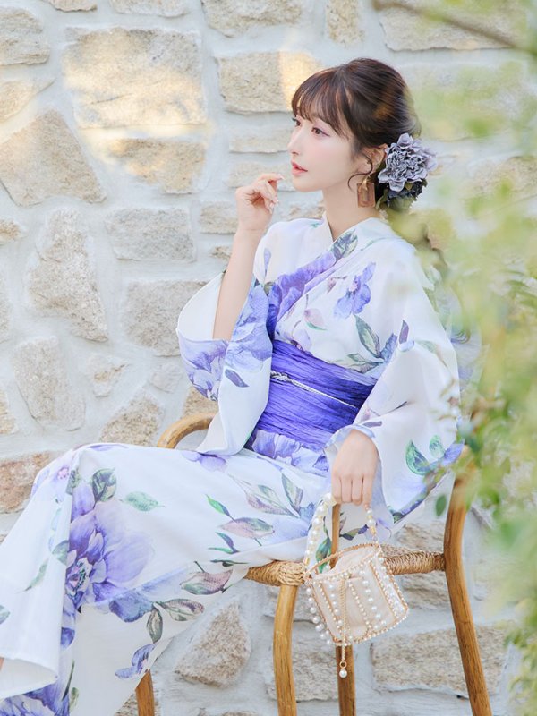 画像15: 【即日発送！】【浴衣】白地に水彩牡丹のクラシック浴衣 【浴衣３点セット 浴衣/帯/下駄】 グラデーション帯[YMT] (15)