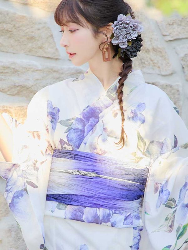 画像5: 【即日発送！】【浴衣】白地に水彩牡丹のクラシック浴衣 【浴衣３点セット 浴衣/帯/下駄】 グラデーション帯[YMT] (5)