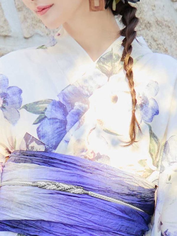 画像6: 【即日発送！】【浴衣】白地に水彩牡丹のクラシック浴衣 【浴衣３点セット 浴衣/帯/下駄】 グラデーション帯[YMT] (6)