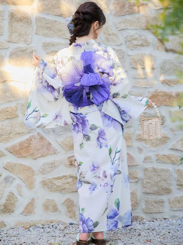 画像8: 【即日発送！】【浴衣】白地に水彩牡丹のクラシック浴衣 【浴衣３点セット 浴衣/帯/下駄】 グラデーション帯[YMT] (8)