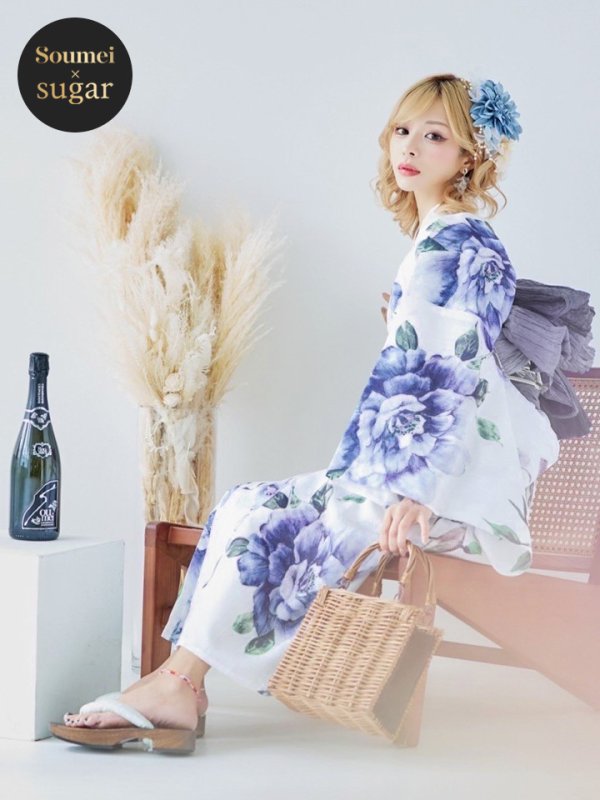 画像2: 【即日発送！】【浴衣】白地に水彩牡丹のクラシック浴衣 【浴衣３点セット 浴衣/帯/下駄】 グラデーション帯[YMT] (2)