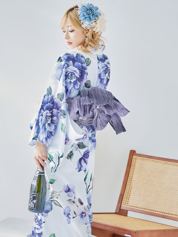 画像8: 【即日発送！】【浴衣】白地に水彩牡丹のクラシック浴衣 【浴衣３点セット 浴衣/帯/下駄】 グラデーション帯[YMT] (8)