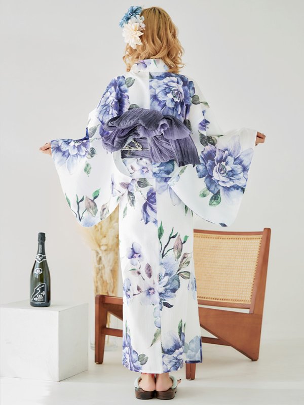 画像9: 【即日発送！】【浴衣】白地に水彩牡丹のクラシック浴衣 【浴衣３点セット 浴衣/帯/下駄】 グラデーション帯[YMT] (9)