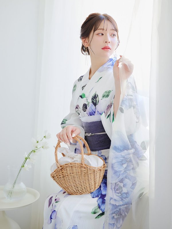 画像10: 【即日発送！】【浴衣】白地に水彩牡丹のクラシック浴衣 【浴衣３点セット 浴衣/帯/下駄】 グラデーション帯[YMT] (10)