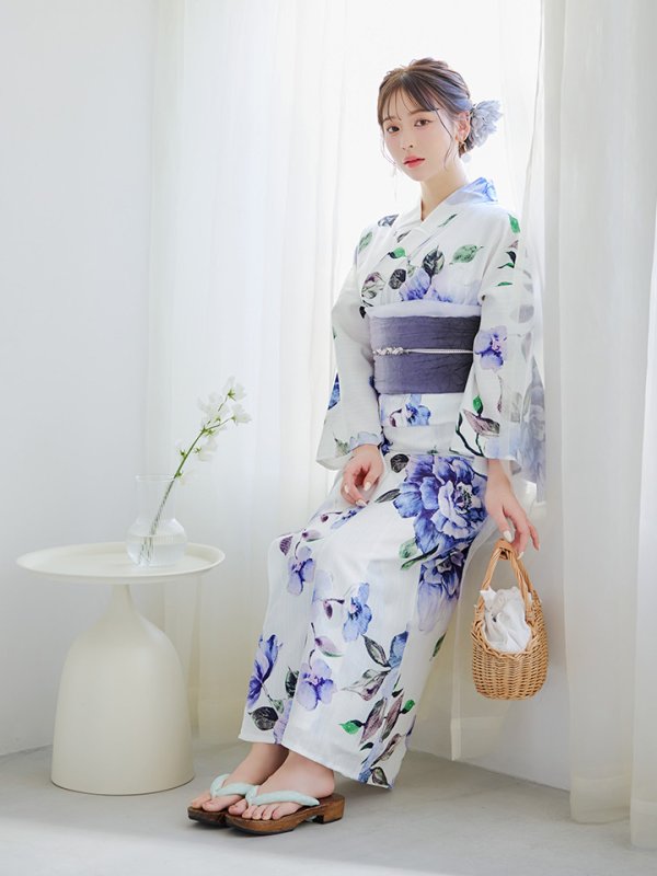 画像15: 【即日発送！】【浴衣】白地に水彩牡丹のクラシック浴衣 【浴衣３点セット 浴衣/帯/下駄】 グラデーション帯[YMT] (15)