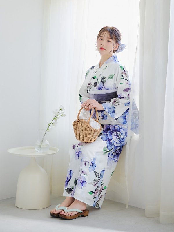 画像16: 【即日発送！】【浴衣】白地に水彩牡丹のクラシック浴衣 【浴衣３点セット 浴衣/帯/下駄】 グラデーション帯[YMT] (16)