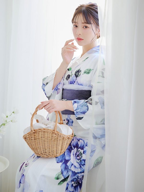 画像1: 【即日発送！】【浴衣】白地に水彩牡丹のクラシック浴衣 グラデーション帯 siwa-g09 / HIMO-900-yn-4-GYxGY / YA-953-kn-BL   / HEKO-800-sb-5-W / GETA-02-ok-3-LBL [YMT] (1)