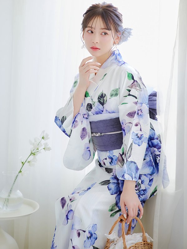 画像2: 【即日発送！】【浴衣】白地に水彩牡丹のクラシック浴衣 【浴衣３点セット 浴衣/帯/下駄】 グラデーション帯[YMT] (2)