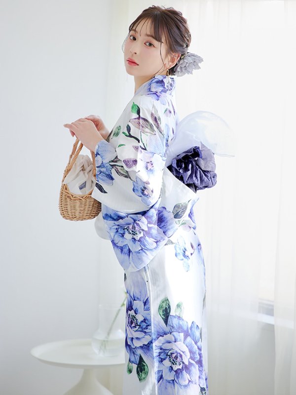 画像3: 【即日発送！】【浴衣】白地に水彩牡丹のクラシック浴衣 【浴衣３点セット 浴衣/帯/下駄】 グラデーション帯[YMT] (3)