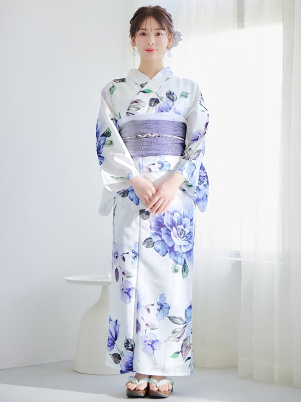 画像4: 【即日発送！】【浴衣】白地に水彩牡丹のクラシック浴衣 【浴衣３点セット 浴衣/帯/下駄】 グラデーション帯[YMT] (4)