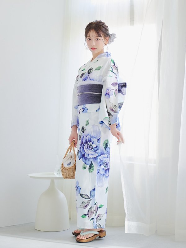 画像7: 【即日発送！】【浴衣】白地に水彩牡丹のクラシック浴衣 【浴衣３点セット 浴衣/帯/下駄】 グラデーション帯[YMT] (7)