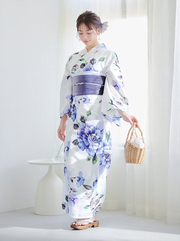画像8: 【即日発送！】【浴衣】白地に水彩牡丹のクラシック浴衣 【浴衣３点セット 浴衣/帯/下駄】 グラデーション帯[YMT] (8)