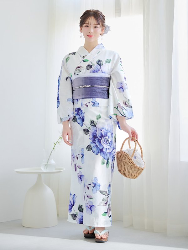 画像9: 【即日発送！】【浴衣】白地に水彩牡丹のクラシック浴衣 【浴衣３点セット 浴衣/帯/下駄】 グラデーション帯[YMT] (9)