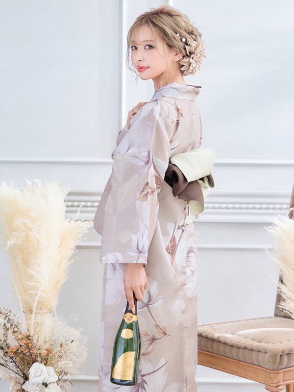 画像12: 【即日発送】【浴衣】ホワイトフラワーブラウン浴衣【浴衣３点セット 浴衣/帯/下駄】[YMT] (12)