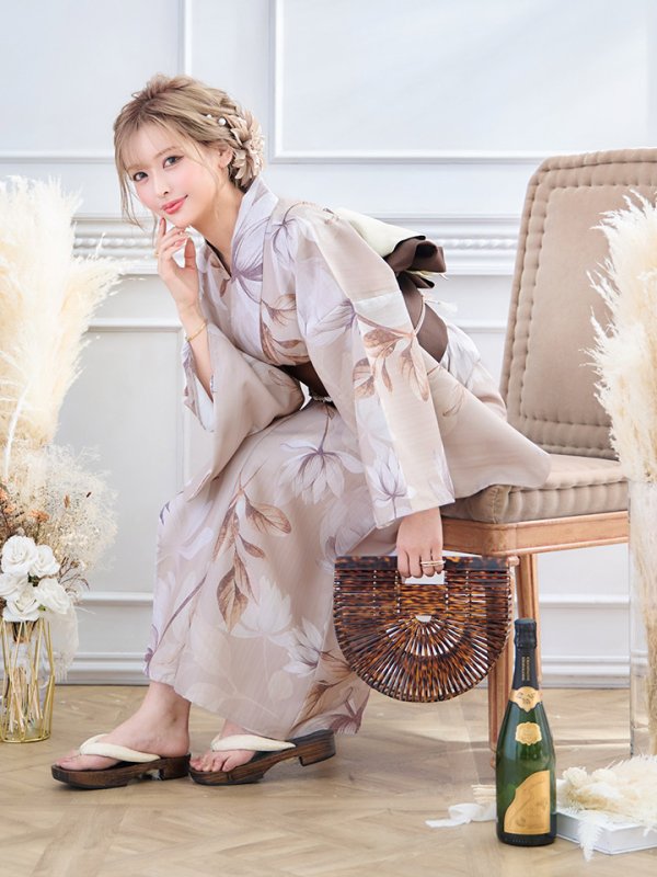 画像9: 【即日発送】【浴衣】ホワイトフラワーブラウン浴衣【浴衣３点セット 浴衣/帯/下駄】[YMT] (9)