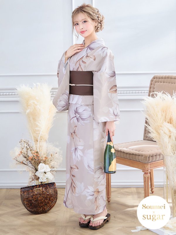 画像2: 【即日発送】【浴衣】ホワイトフラワーブラウン浴衣【浴衣３点セット 浴衣/帯/下駄】[YMT] (2)