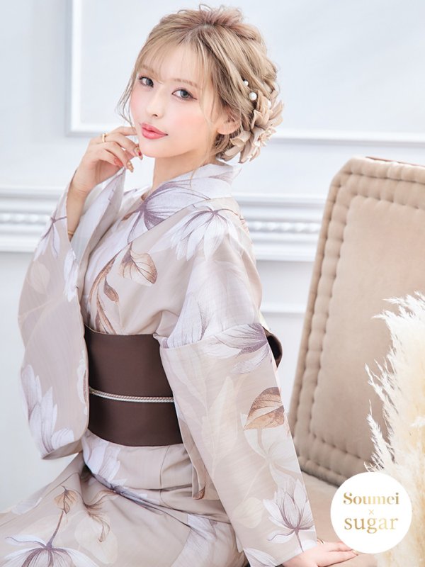 画像3: 【即日発送】【浴衣】ホワイトフラワーブラウン浴衣【浴衣３点セット 浴衣/帯/下駄】[YMT] (3)