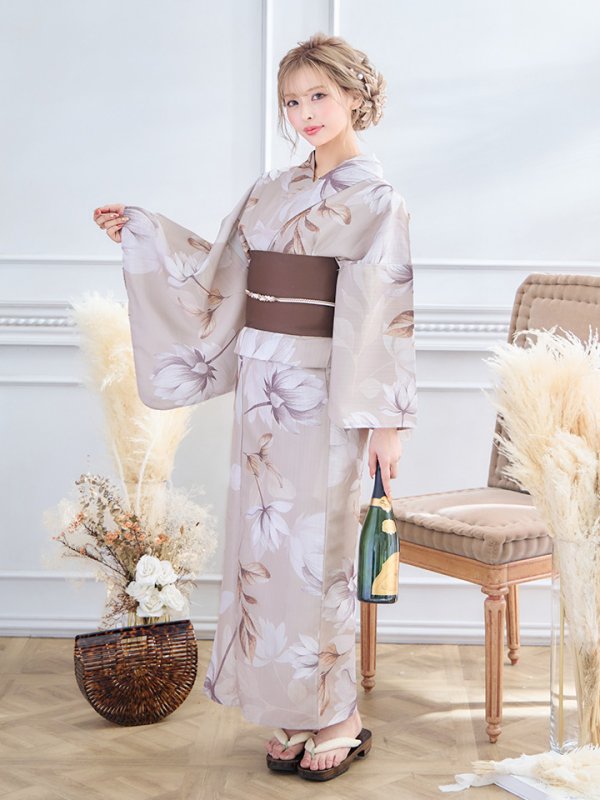 画像4: 【即日発送】【浴衣】ホワイトフラワーブラウン浴衣【浴衣３点セット 浴衣/帯/下駄】[YMT] (4)