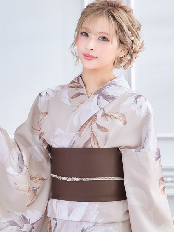 画像5: 【即日発送】【浴衣】ホワイトフラワーブラウン浴衣【浴衣３点セット 浴衣/帯/下駄】[YMT] (5)