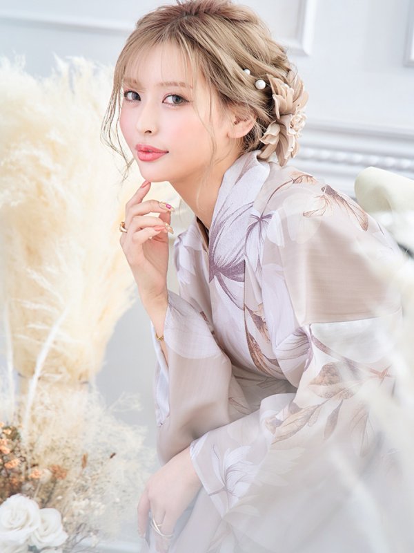 画像7: 【即日発送】【浴衣】ホワイトフラワーブラウン浴衣【浴衣３点セット 浴衣/帯/下駄】[YMT] (7)