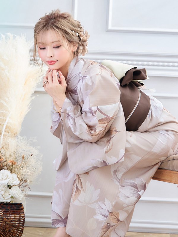 画像8: 【即日発送】【浴衣】ホワイトフラワーブラウン浴衣【浴衣３点セット 浴衣/帯/下駄】[YMT] (8)