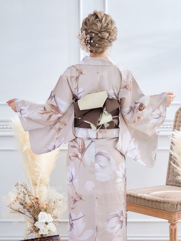 画像10: 【即日発送】【浴衣】ホワイトフラワーブラウン浴衣【浴衣３点セット 浴衣/帯/下駄】[YMT] (10)