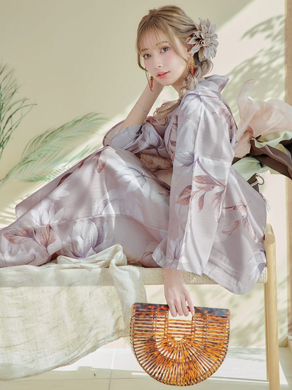 画像10: 【即日発送！】【浴衣】ホワイトフラワーブラウン浴衣 【浴衣３点セット 浴衣/帯/下駄】[YMT] (10)