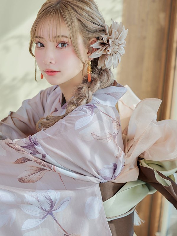 画像13: 【即日発送！】【浴衣】ホワイトフラワーブラウン浴衣 【浴衣３点セット 浴衣/帯/下駄】[YMT] (13)