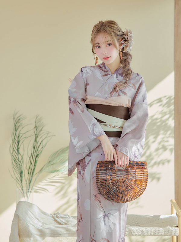 画像14: 【即日発送！】【浴衣】ホワイトフラワーブラウン浴衣 【浴衣３点セット 浴衣/帯/下駄】[YMT] (14)