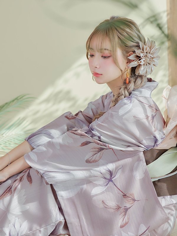 画像15: 【即日発送！】【浴衣】ホワイトフラワーブラウン浴衣 【浴衣３点セット 浴衣/帯/下駄】[YMT] (15)