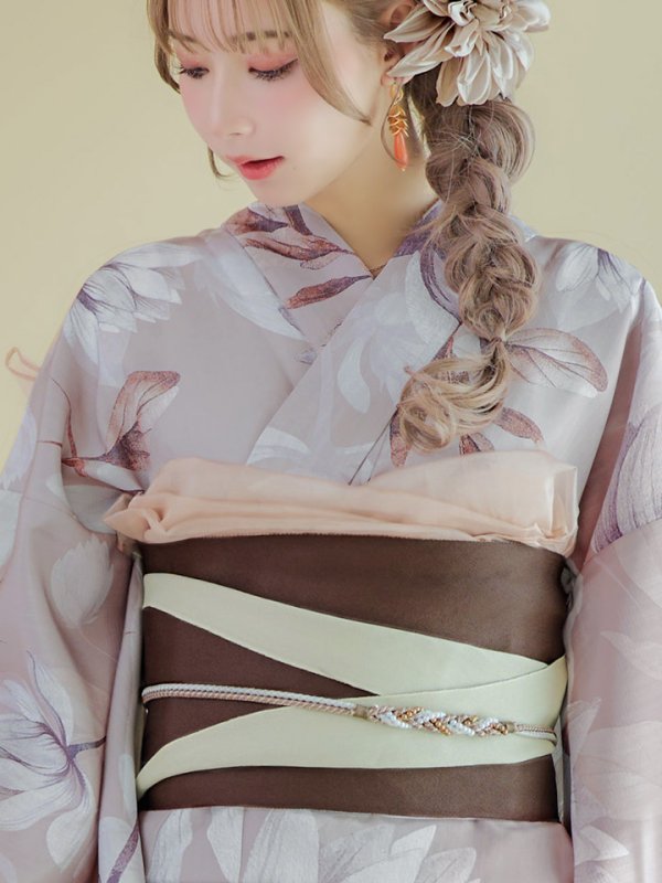 画像5: 【即日発送！】【浴衣】ホワイトフラワーブラウン浴衣 【浴衣３点セット 浴衣/帯/下駄】[YMT] (5)